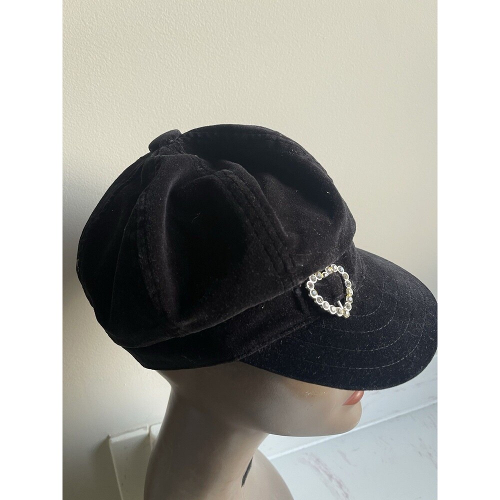 Womens Black Velvet Newsboy Cap Rhinestone Heart Accent Lined Size M